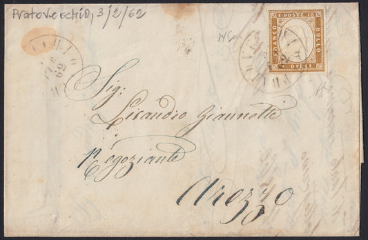 183 - 1862 Letter sent from Pratovecchio to Arezzo 3/2/62 franked with c. 10 brown bistro II plate (14Co).