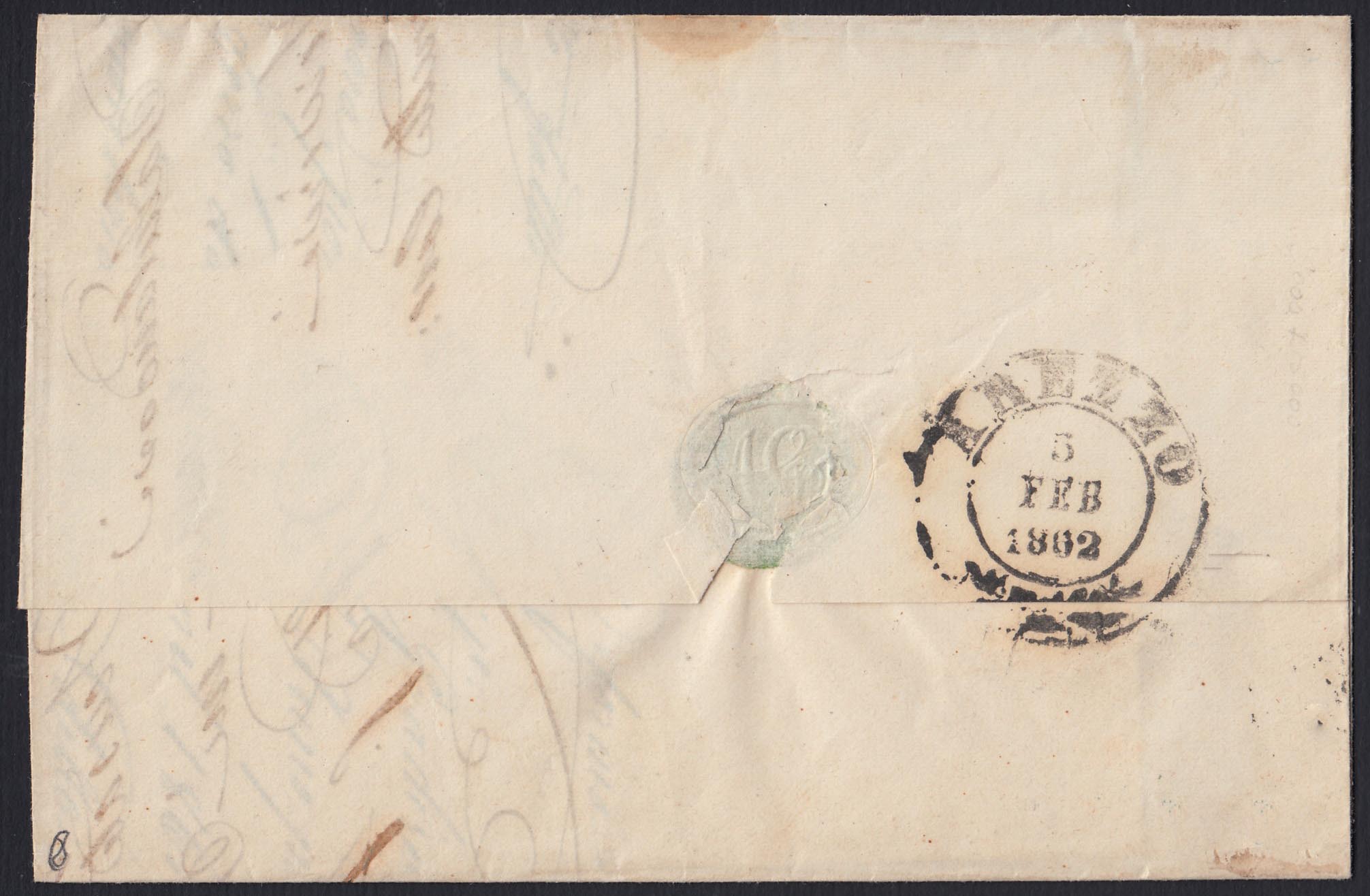 SardSp183 - 1862  Lettera spedita da Pratovecchio per Arezzo 3/2/62 affrancata con c. 10 bruno bistro II tavola (14Co).