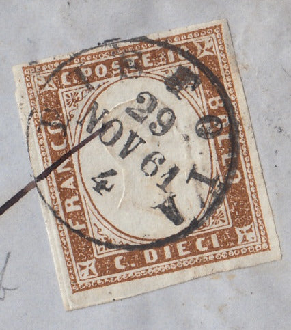 184 - 1861 - Carta enviada desde Pistoia a Arezzo el 29/11/61 franqueada con c. 10 mesa marrón chocolate oscuro II. (14Ci).