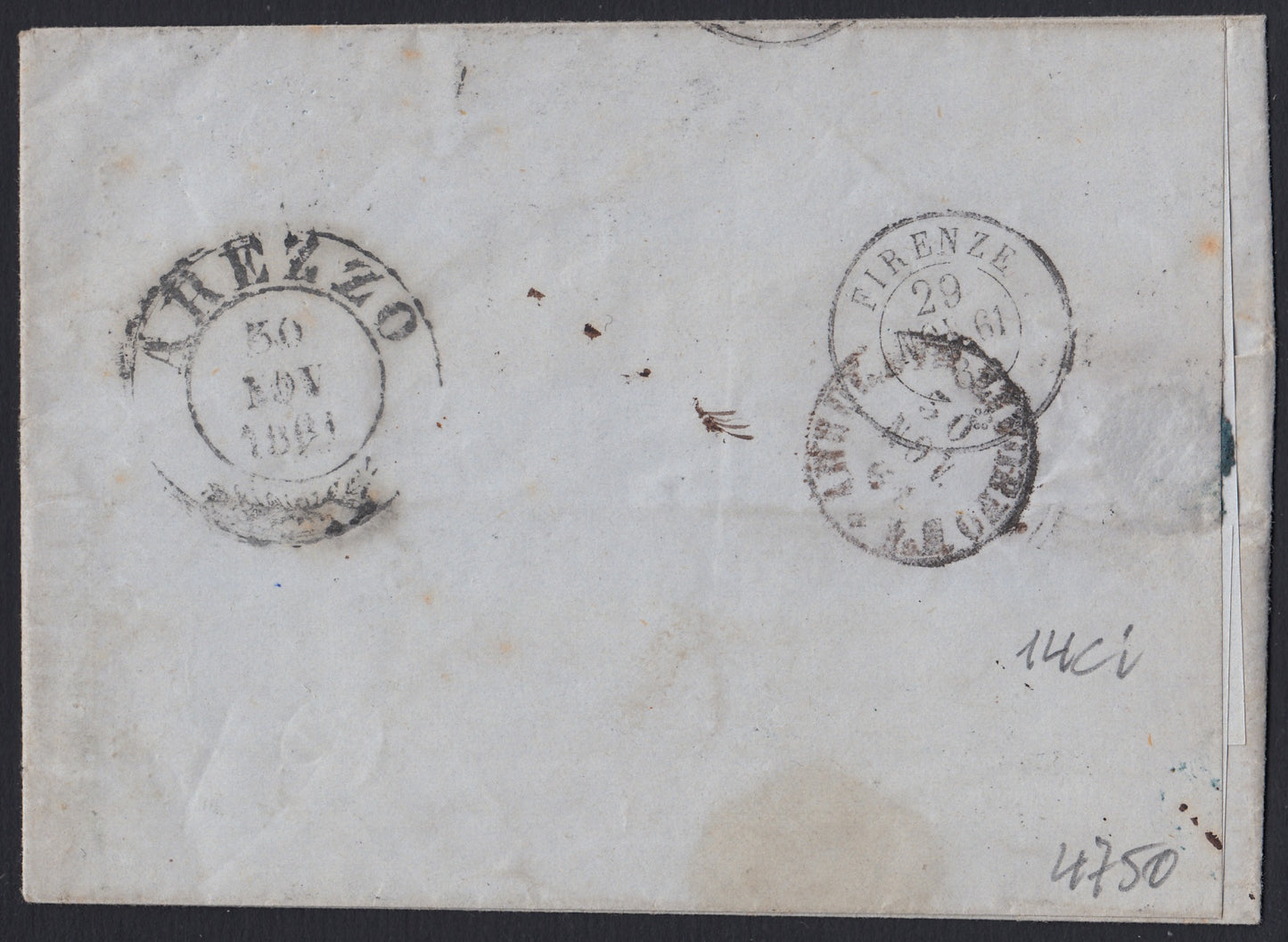 184 - 1861 - Carta enviada desde Pistoia a Arezzo el 29/11/61 franqueada con c. 10 mesa marrón chocolate oscuro II. (14Ci).