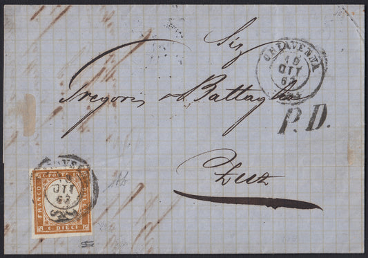 187 - 1863  Lettera spedita da Chiavenna pe Zug (Samaden, Svizzera) affrancata con c. 10 bistro scuro II tavola (14Eb).