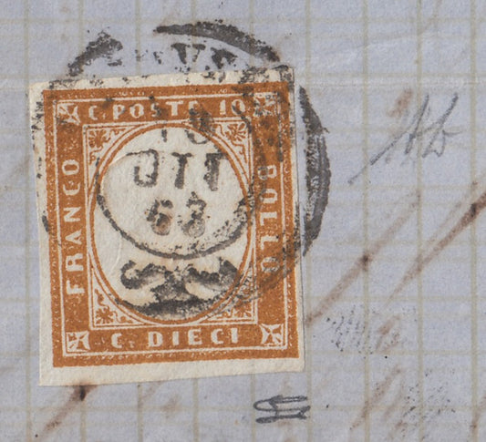 187 - 1863  Lettera spedita da Chiavenna pe Zug (Samaden, Svizzera) affrancata con c. 10 bistro scuro II tavola (14Eb).
