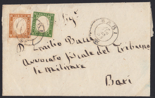 188 - 1863 Letter sent from Bari to the city 17/7/63 franked with c. 5 dark green + c. 10 bistros (13E + 14E).