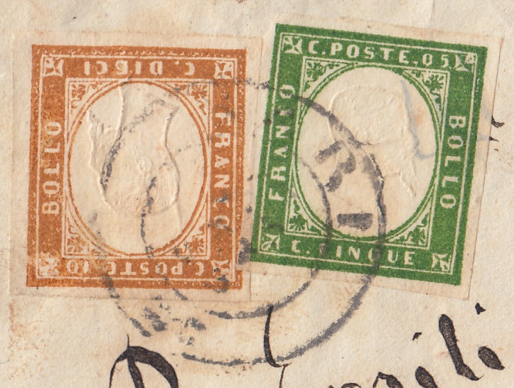 188 - 1863 Letter sent from Bari to the city 17/7/63 franked with c. 5 dark green + c. 10 bistros (13E + 14E).