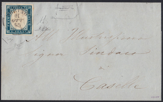 190 - 1855  Lettera spedita da Torino per Casale 11/10/55 affrancata con c. 20 celeste vivace I tavola tiratura 55 (15h)