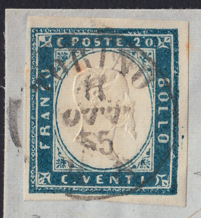 190 - 1855 Letter sent from Turin to Casale 11/10/55 franked with c. 20 lively light blue I plate edition 55 (15h)