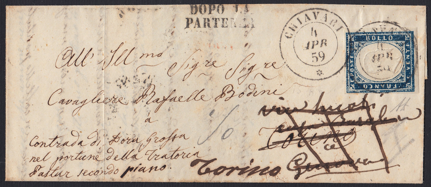 SardSP191 - 1859 - Regno di Sardegna, c. 20 azzurro  scuro I tavola tiratura 1859 su lettera da Chiavari per Torino 4/4/59 (15B)