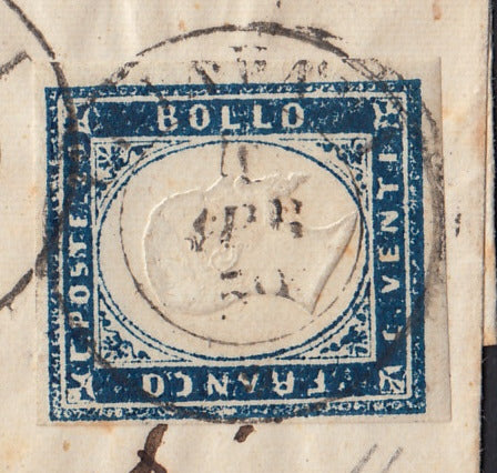 SardSP191 - 1859 - Kingdom of Sardinia, c. 20 dark blue I table edition 1859 on letter from Chiavari to Turin 4/4/59 (15B)