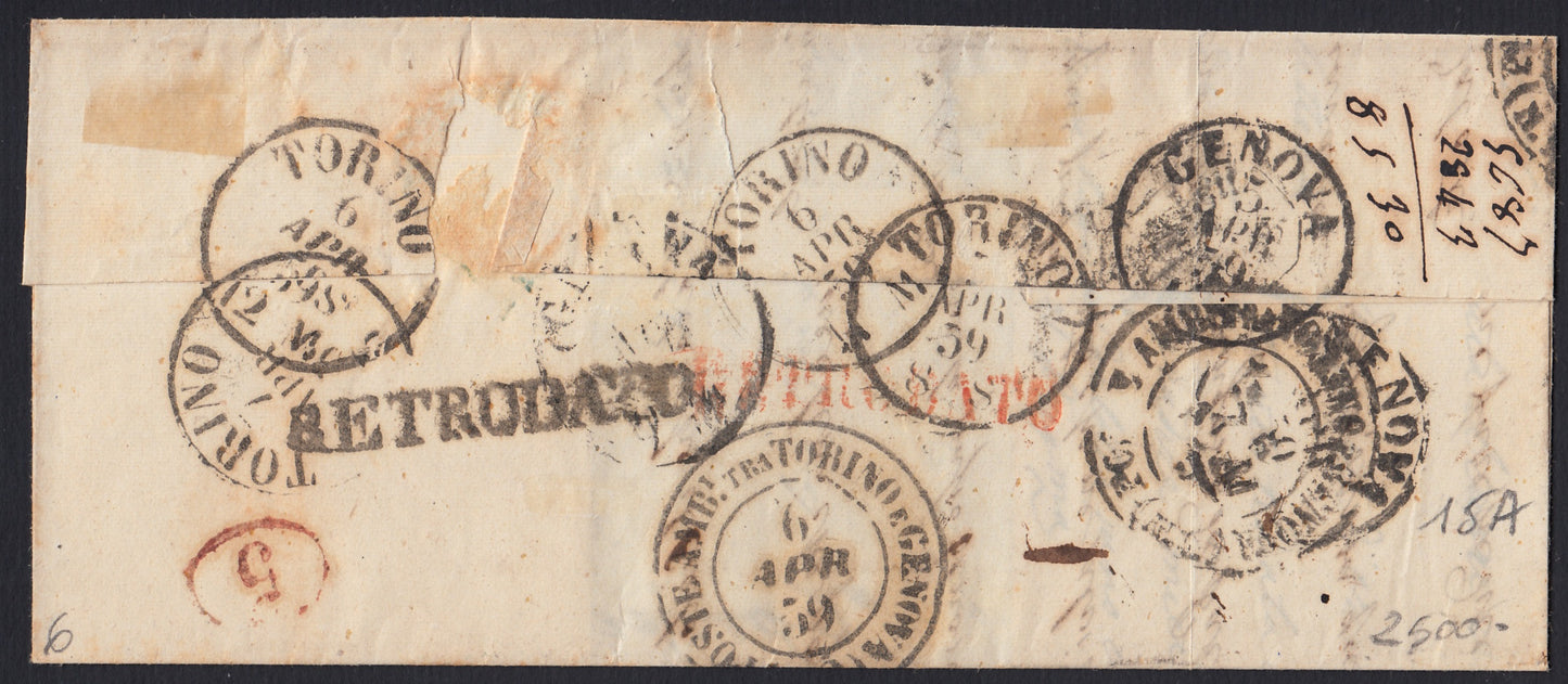 SardSP191 - 1859 - Kingdom of Sardinia, c. 20 dark blue I table edition 1859 on letter from Chiavari to Turin 4/4/59 (15B)