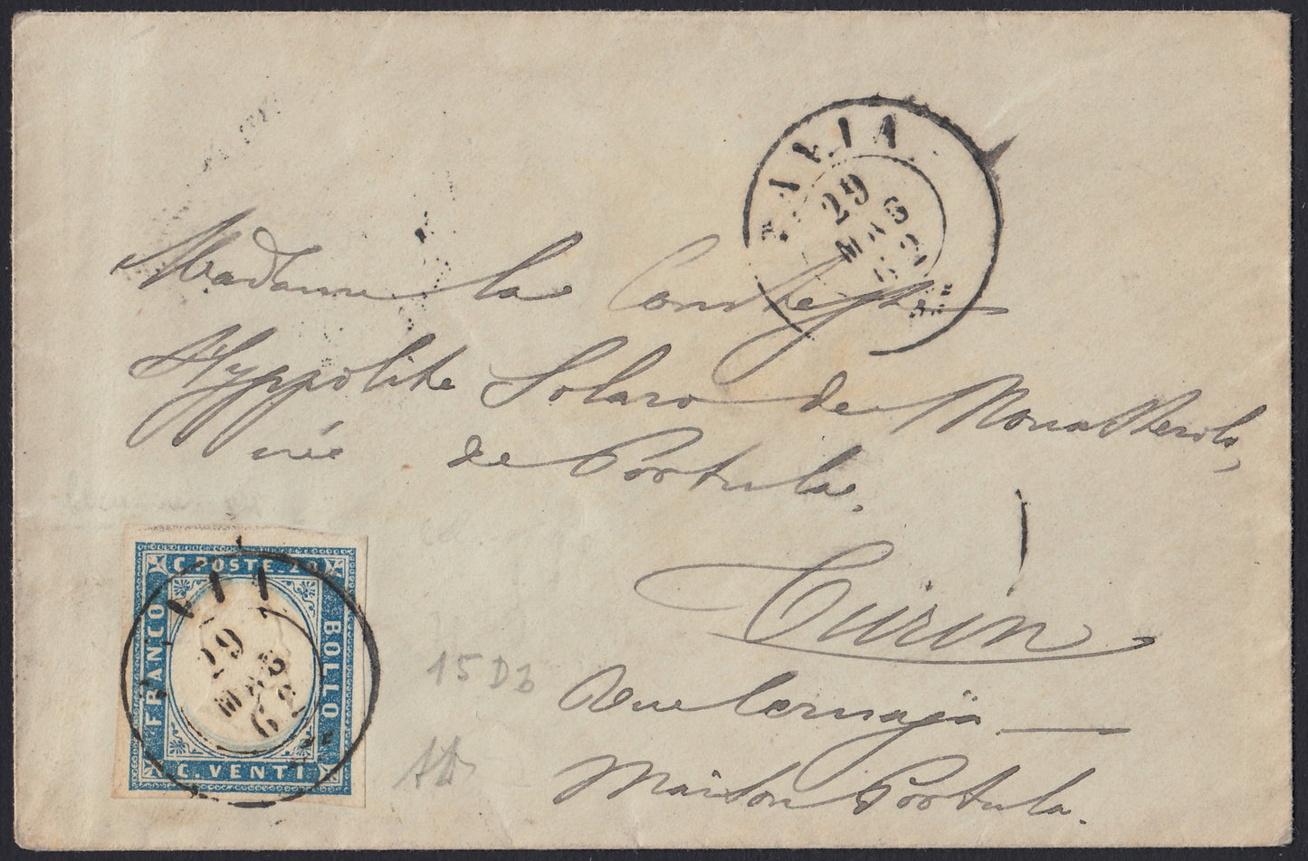 192 - 1862 - Lettera spedita da Pavia per Torino 29/5/62, affrancata con c. 20 celeste grigiastro II tavola tiratura 1861 (15Db)