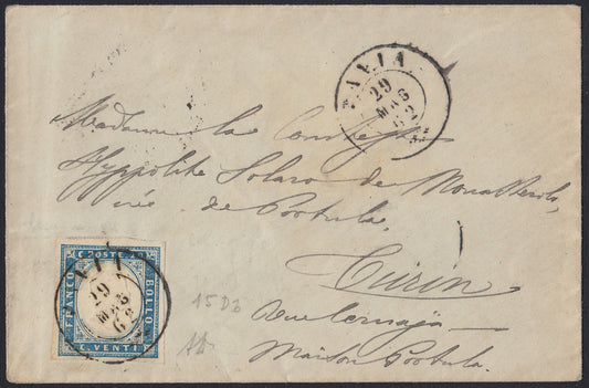192 - 1862 - Letter sent from Pavia to Turin 29/5/62, franked with c. 20 greyish light blue II table edition 1861 (15Db) 