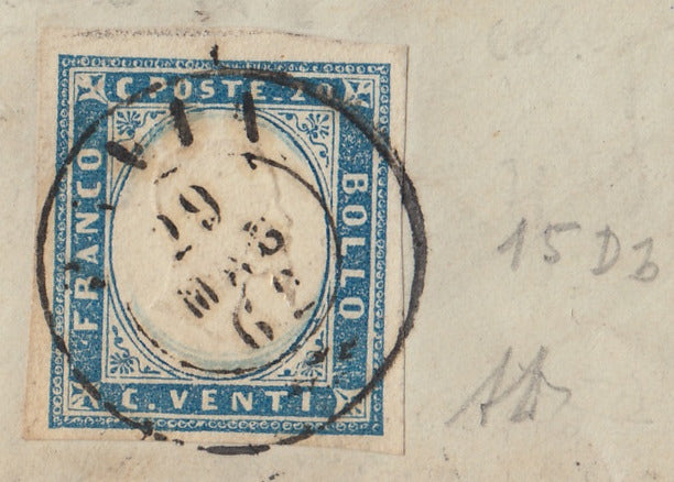 192 - 1862 - Letter sent from Pavia to Turin 29/5/62, franked with c. 20 greyish light blue II table edition 1861 (15Db) 