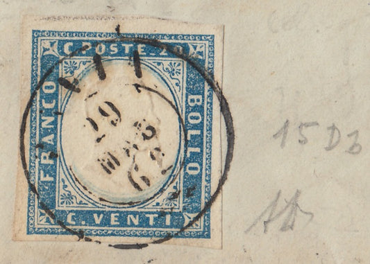 192 - 1862 - Lettera spedita da Pavia per Torino 29/5/62, affrancata con c. 20 celeste grigiastro II tavola tiratura 1861 (15Db)