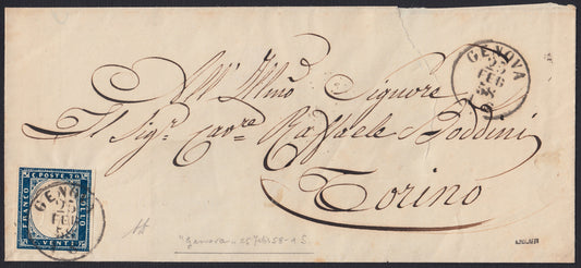 193 - 1858 - Lettera spedita da Genova per Torino 25/2/58, affrancata con c. 20 Azzurro oltremare I tavola tiratura 1857 (15Aa)