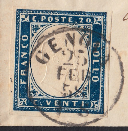 193 - 1858 - Letter sent from Genoa to Turin 25/2/58, franked with c. 20 Ultramarine blue I table edition 1857 (15Aa) 