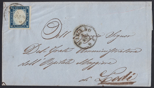 194 - 1859 - Lettera spedita da Milano per Lodi 1/11/59, affrancata con c. 20 Azzurro scuro I tavola tiratura 1859 (15B)