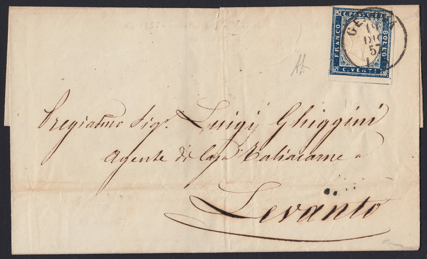 196 - 1857 - Lettera spedita da Genova per Levanto 19/12/57 affrancata con c. 20 Azzurro grigiastro I tavola tiratura 1857 (15A)