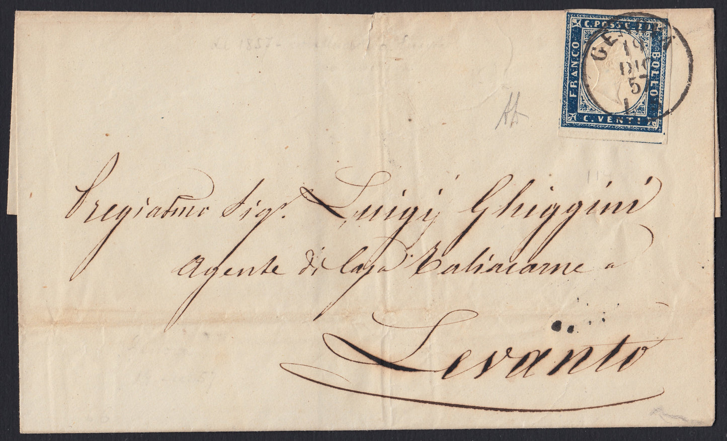 196 - 1857 - Letter sent from Genoa to Levanto 12/19/57 franked with c. 20 Greyish blue I table edition 1857 (15A) 