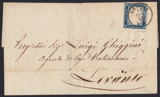 196 - 1857 - Lettera spedita da Genova per Levanto 19/12/57 affrancata con c. 20 Azzurro grigiastro I tavola tiratura 1857 (15A)