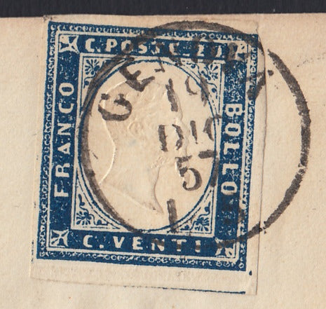 196 - 1857 - Lettera spedita da Genova per Levanto 19/12/57 affrancata con c. 20 Azzurro grigiastro I tavola tiratura 1857 (15A)