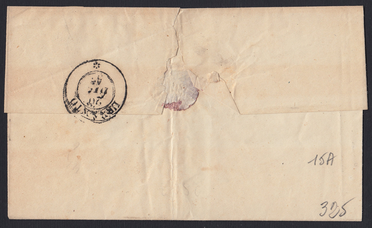196 - 1857 - Lettera spedita da Genova per Levanto 19/12/57 affrancata con c. 20 Azzurro grigiastro I tavola tiratura 1857 (15A)