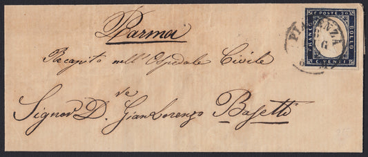 197 - 1862 - Lettera spedita da Piacenza per Parma 8/7/62 affrancata con c. 20 indaco II tavola tiratura 1862 (15E)