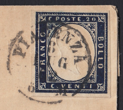 197 - 1862 - Lettera spedita da Piacenza per Parma 8/7/62 affrancata con c. 20 indaco II tavola tiratura 1862 (15E)