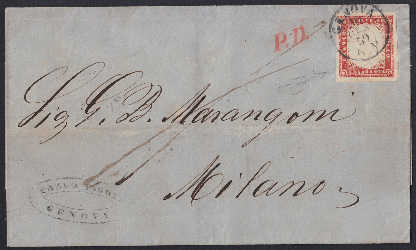 199 - 1859 - Lettera spedita da Genova per Milano 30/1/59 affrancata con c. 40 rosso scarlatto chiaro tiratura 1857 (16Aa)