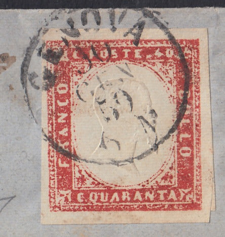 199 - 1859 - Lettera spedita da Genova per Milano 30/1/59 affrancata con c. 40 rosso scarlatto chiaro tiratura 1857 (16Aa)