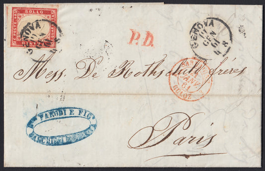 201 - 1861 - Lettera spedita da Genova per Parigi 19/1/61 affrancata con c. 40 rosso tiratura 1860 (16C)