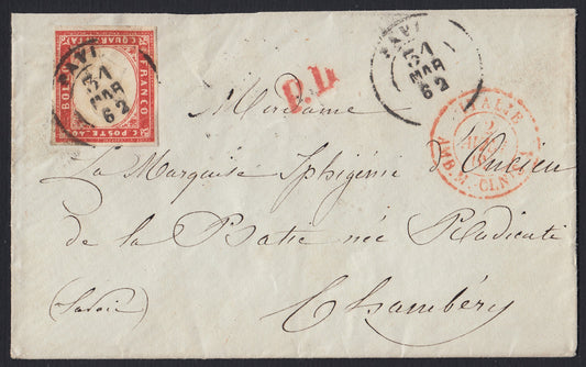 202 - 1862 - Letter sent from Pavia to Chambery 31/3/62 franked with c. 40 vermilion red edition 1861 (16Da) 