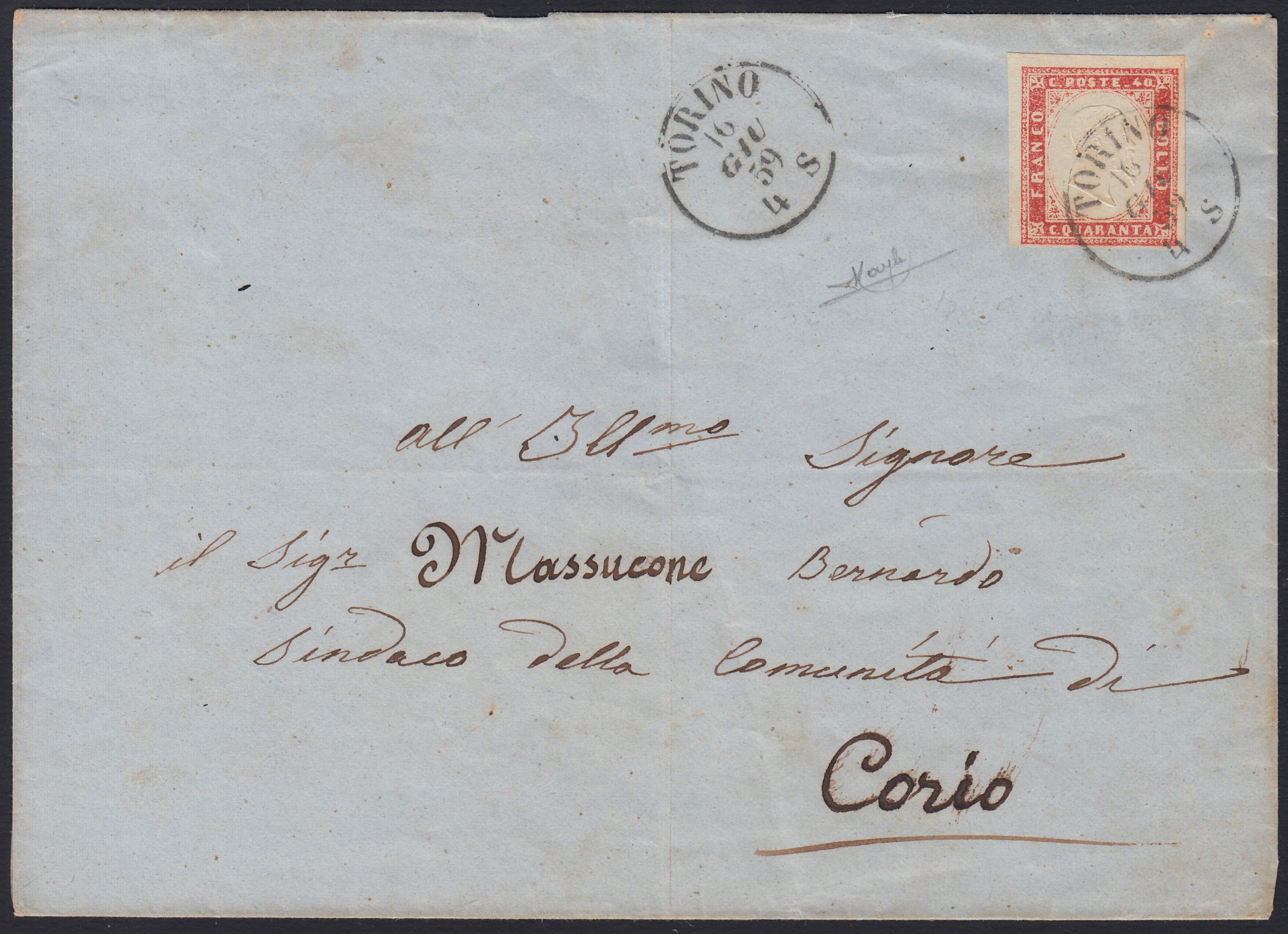 203 - 1859 - Letter sent from Turin to Corio 16/6/59 franked with c. 40 carmine red edition 1859 (16Bb) 