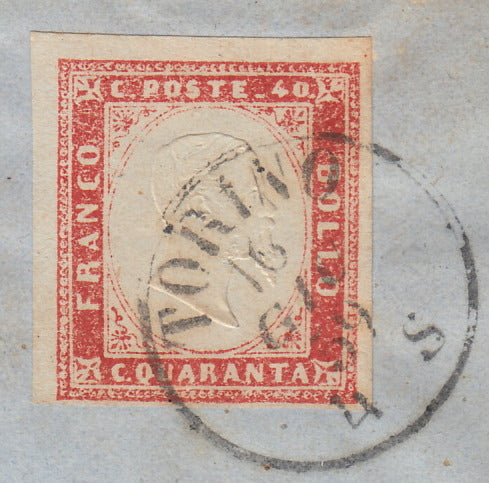 203 - 1859 - Letter sent from Turin to Corio 16/6/59 franked with c. 40 carmine red edition 1859 (16Bb) 