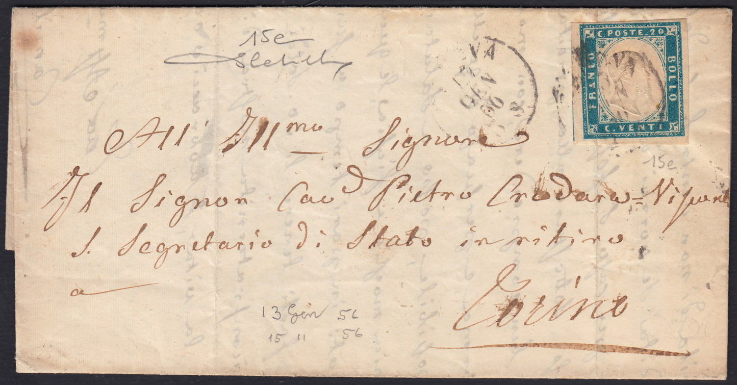 231 - 1856 - IV issue, letter sent from Genoa to Turin 17/1/56 franked with c. 20 greenish cobalt I table (15e).