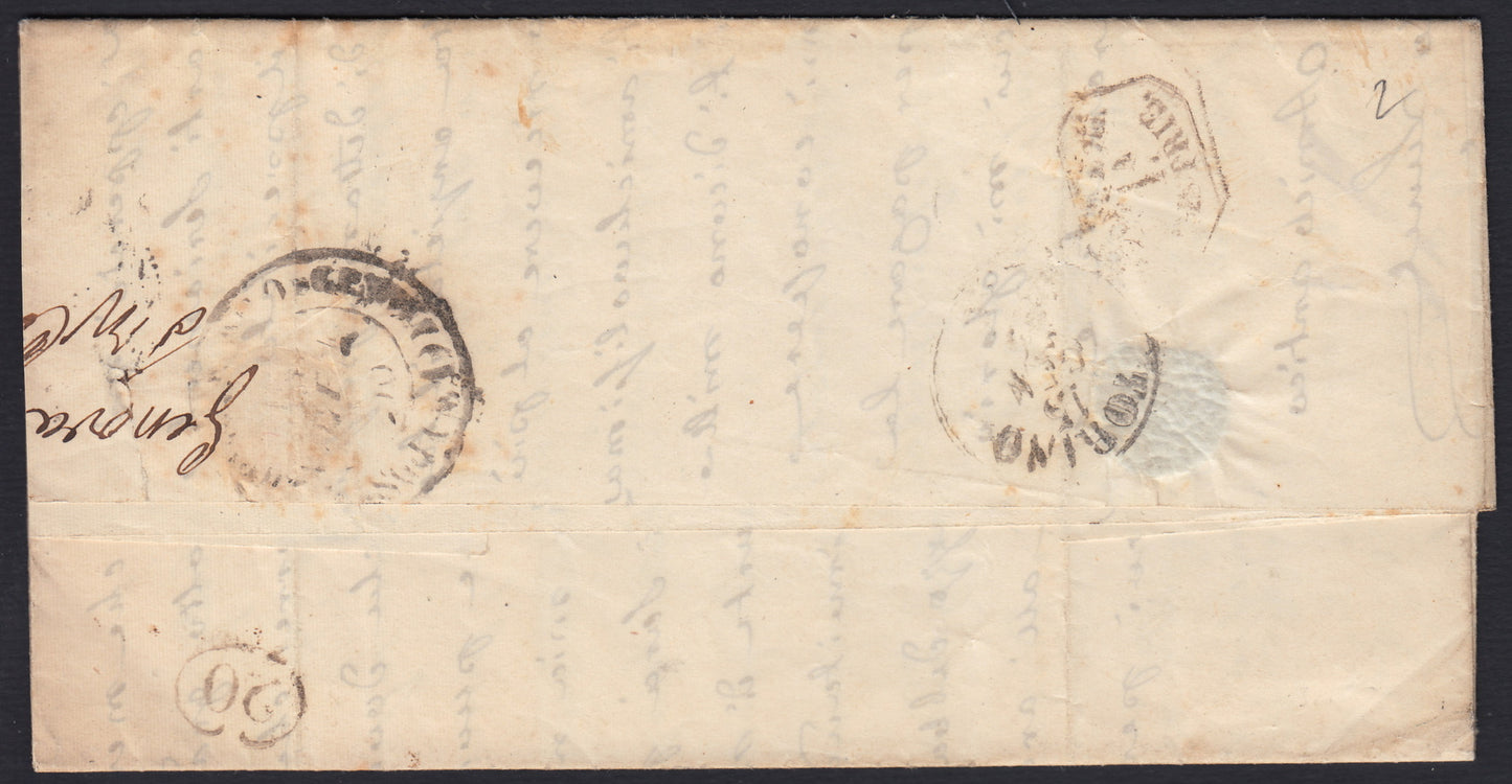 231 - 1856 - IV issue, letter sent from Genoa to Turin 17/1/56 franked with c. 20 greenish cobalt I table (15e).