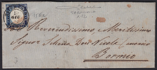 232 - 1856 - IV issue, letter sent from Genoa to Turin 17/1/56 franked with c. 20 greenish cobalt I plate (15e).