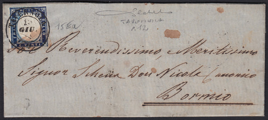 232 - 1856 - IV edición, carta enviada desde Génova a Turín el 17/1/56 franqueada con c. 20 placa I de cobalto verdoso (15e).