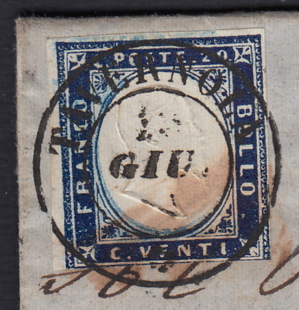232 - 1856 - IV issue, letter sent from Genoa to Turin 17/1/56 franked with c. 20 greenish cobalt I plate (15e).