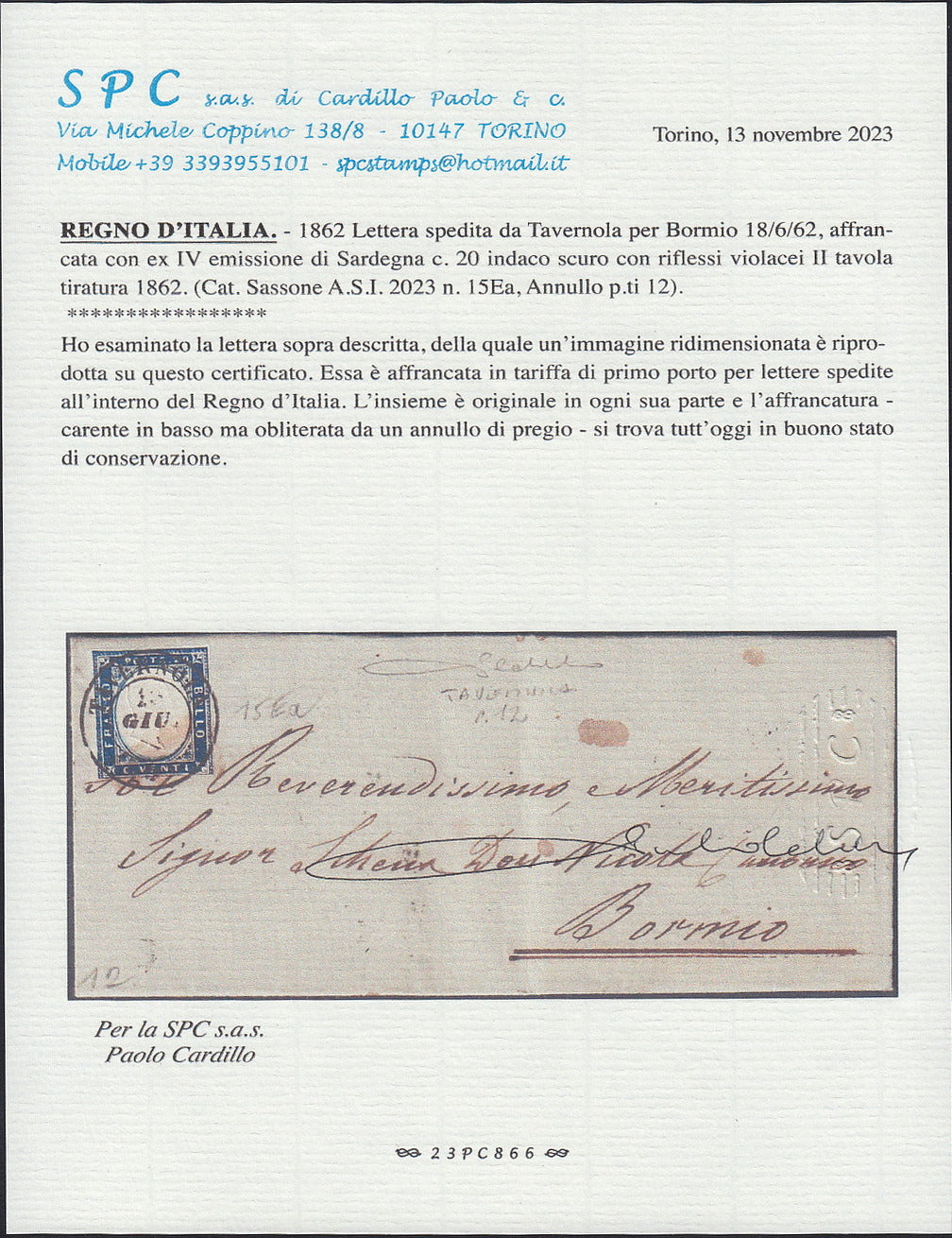 232 - 1856 - IV emissione, lettera spedita da Genova per Torino 17/1/56 affrancata con c. 20 cobalto verdastro I tavola (15e).