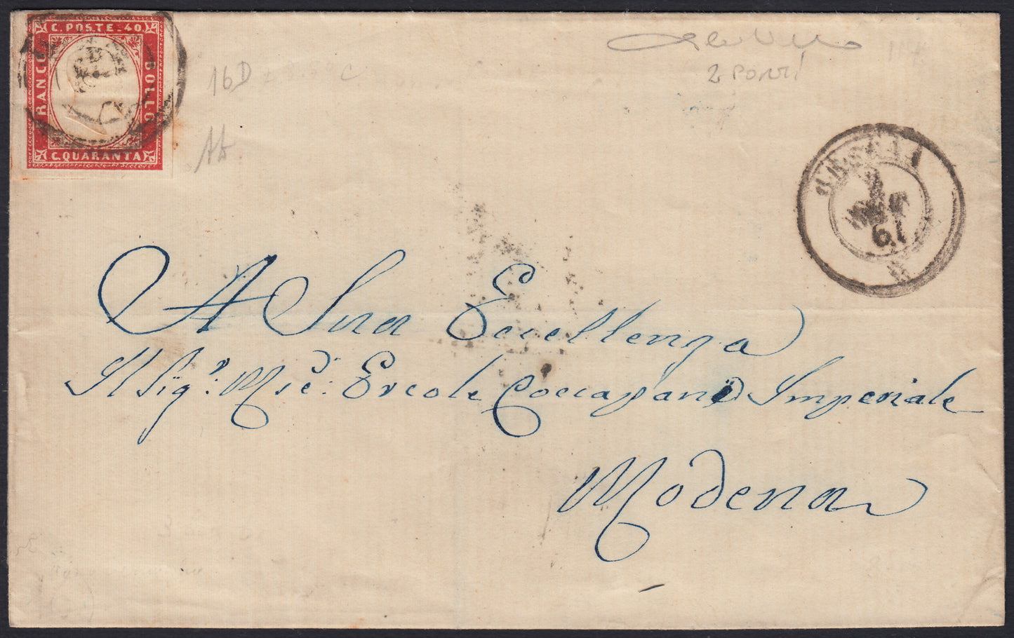 234- 1861 - IV issue, Letter sent from Cesena to Modena 2/11/61 franked with c. 40 carmine red edition 1861 (16D, Rattone n. 41a)