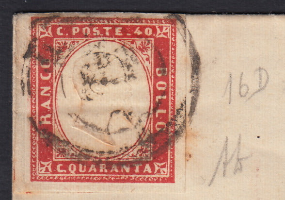 234- 1861 - IV issue, Letter sent from Cesena to Modena 2/11/61 franked with c. 40 carmine red edition 1861 (16D, Rattone n. 41a)