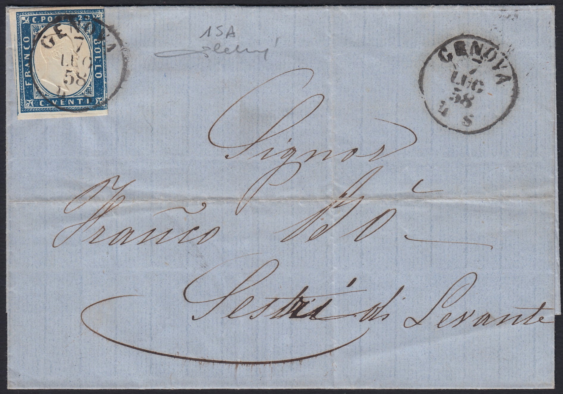 SARDSP236 - 1858 - Lettera spedita da Genova per Sestri Levante affrancata con c. 20 azzurro grigiastro della I tavola (15A)