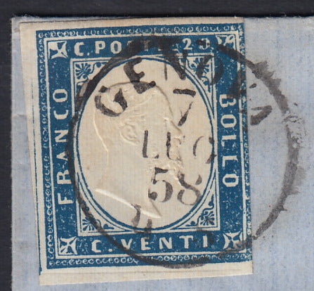 SARDSP236 - 1858 - Lettera spedita da Genova per Sestri Levante affrancata con c. 20 azzurro grigiastro della I tavola (15A)