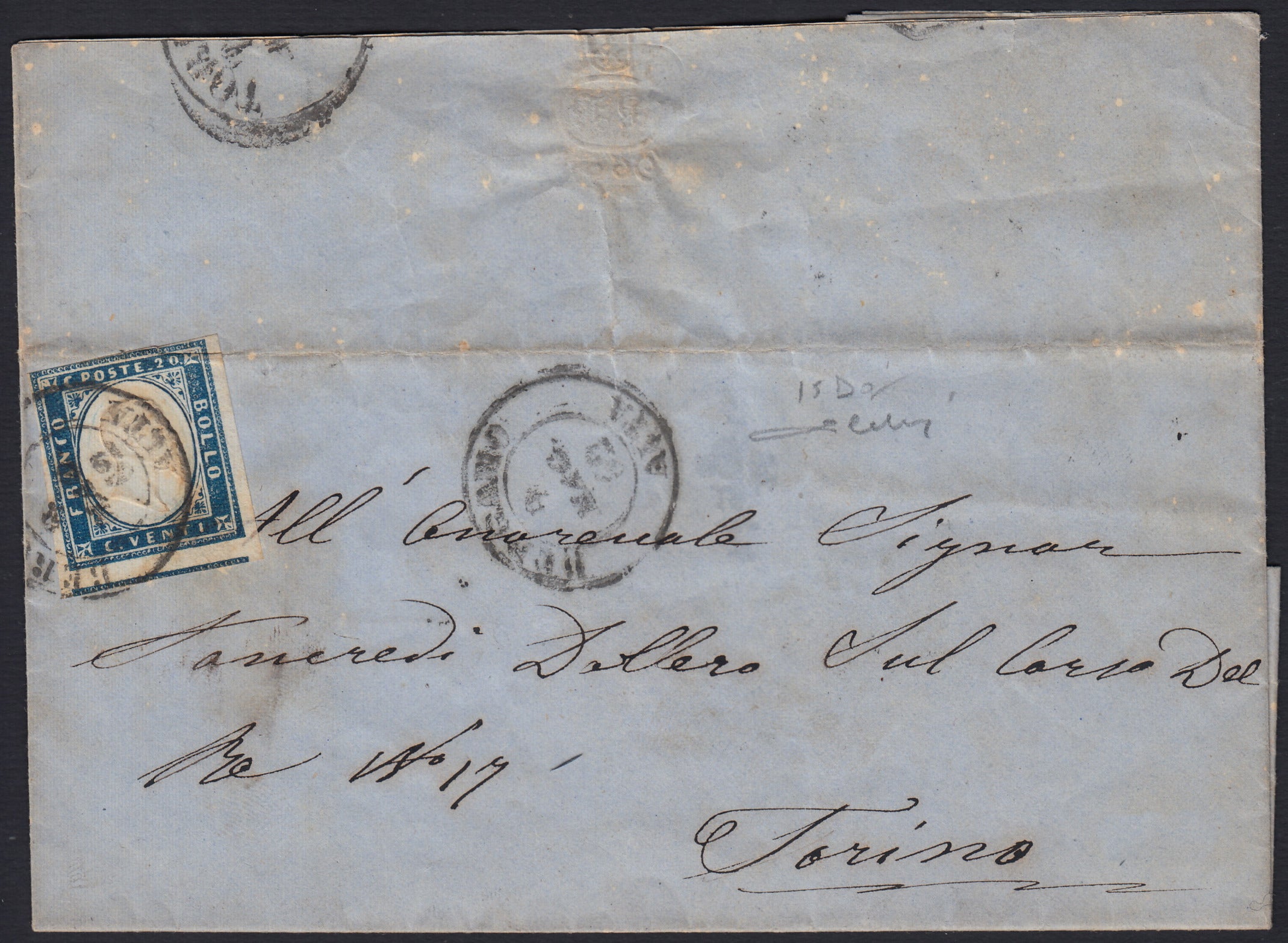SARDSP237 - 1862 - Lettera spedita da Bergamo Alta per Torino 9/5/62 affrancata con c. 20 celeste II tavola (15Da)