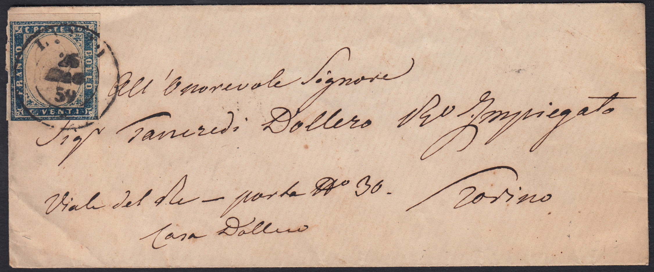SARDSP250 - 1859 - Lettera spedita da Lanzo per Torino 26/5/59 affrancata con c. 20 azzurro scuro I tavola stampa povera (15B)