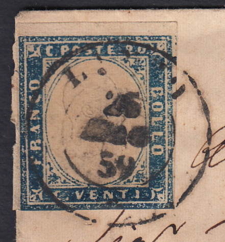 SARDSP250 - 1859 - Lettera spedita da Lanzo per Torino 26/5/59 affrancata con c. 20 azzurro scuro I tavola stampa povera (15B)
