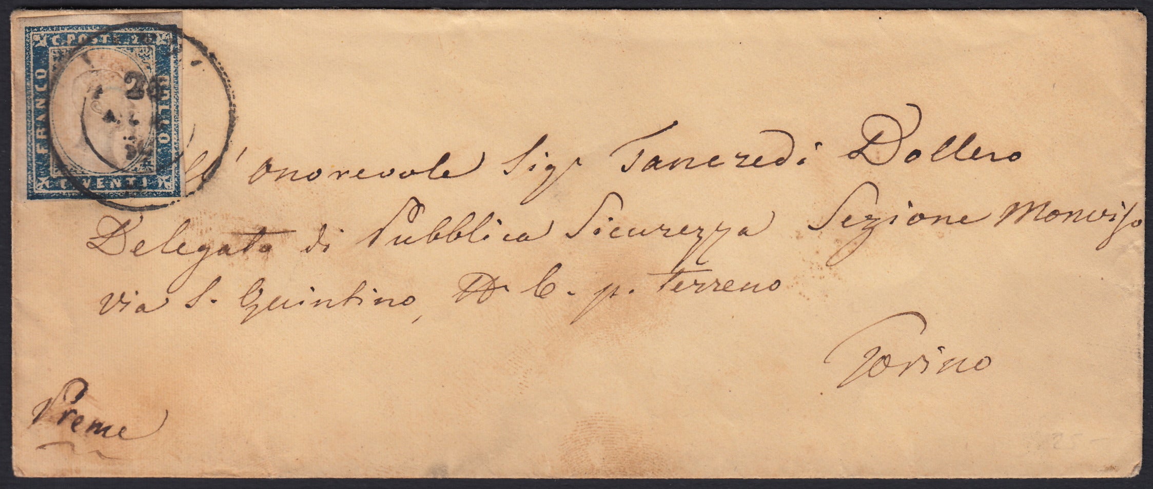 SARDSP251 - 1859 - Lettera spedita da Lanzo per Torino 26/7/59 affrancata con c. 20 azzurro scuro I tavola stampa povera (15B)