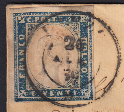 SARDSP251 - 1859 - Lettera spedita da Lanzo per Torino 26/7/59 affrancata con c. 20 azzurro scuro I tavola stampa povera (15B)