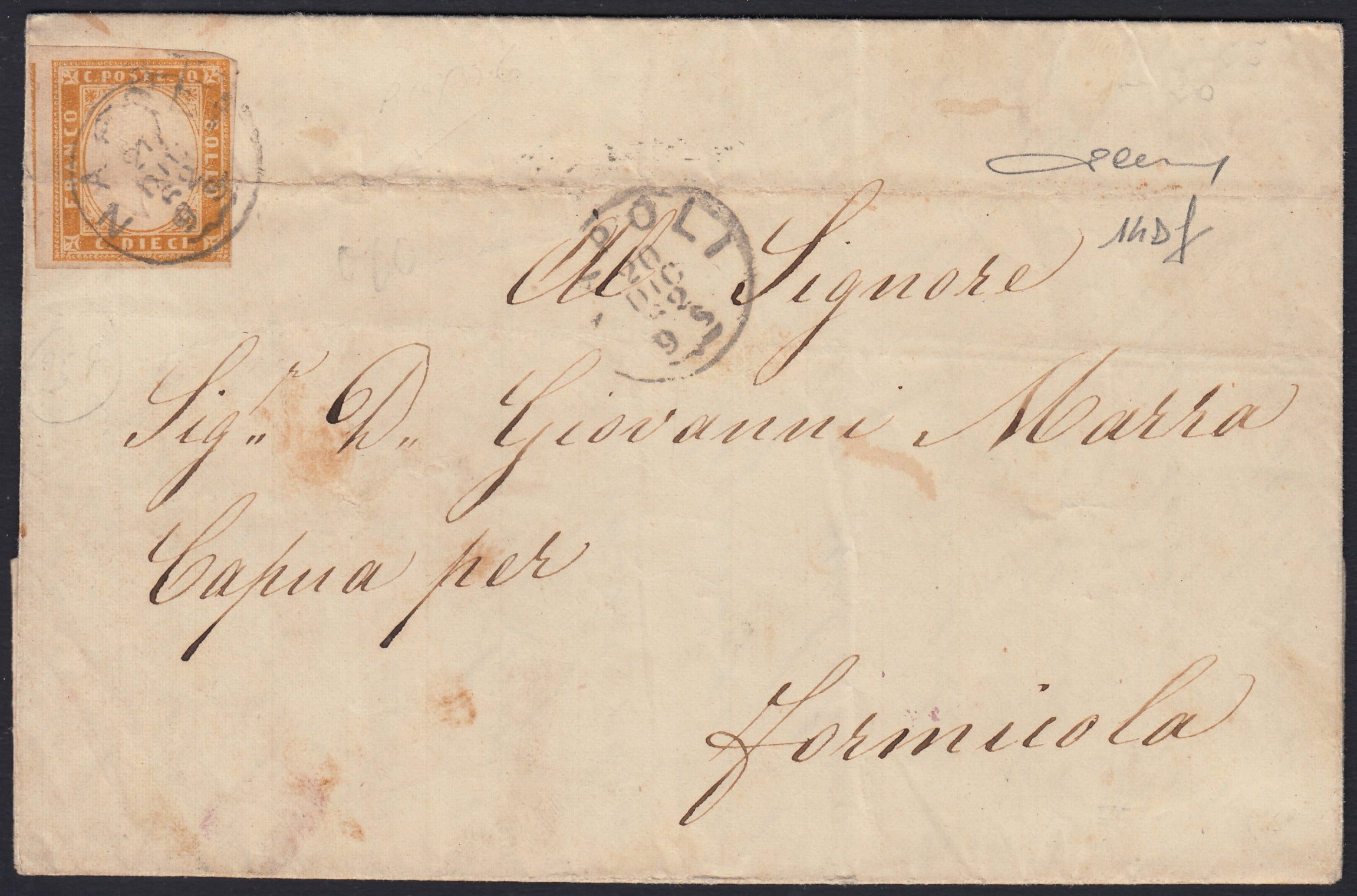 SARDSP254 - 1862 - Lettera spedita da Napoli per Formicola 20/12/62 affrancata con c. 10 bistro arancio II tavola isolato (14Df)