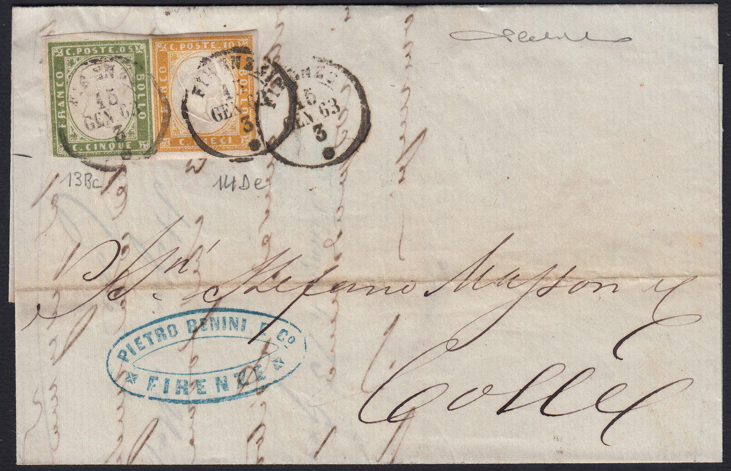 256 - 1863 - IV issue, Letter sent from Florence to Colle 15/1/63 franked with c. 5 olive green III composition + c. 10 orange ocher II plate (13Bc + 14De)